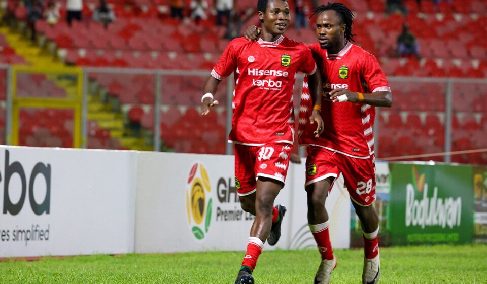 Asante Kotoko players celebrating during a previous Ghana Premier League match; file photo for the Matchday 8 preview, not a scene from today's fixtures.