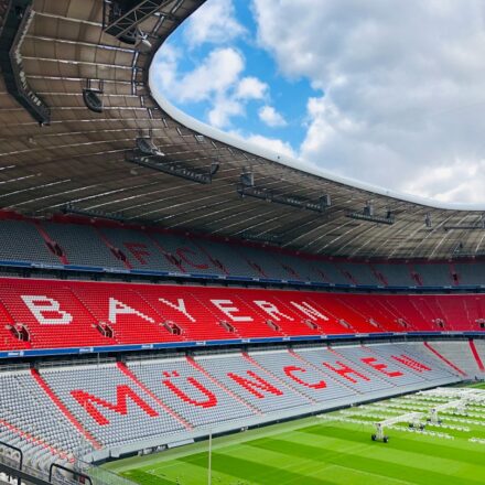 Real illustrative photograph of a football stadium; not the Bayern Munich versus RB Leipzig match