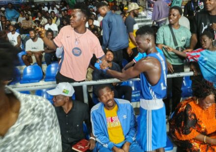 A boxer in blue gear at the 2026 IBA Africa Elite Boxing Championships, in a Graphic Online photograph accompanying coverage of Ghana's campaign; the athlete is not identified here as Ebenezer Ankrah.