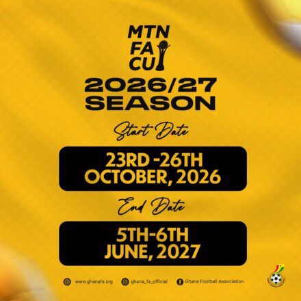 Official Ghana Football Association graphic announcing the 2026/27 MTN FA Cup season dates; not a match photograph.