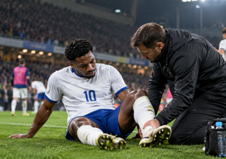 European football injury crisis as a player receives treatment during a match